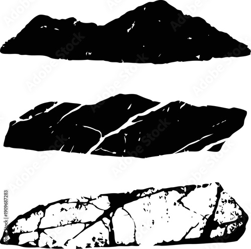 Black textured stone and rock silhouettes set rough natural mineral shapes with cracks and uneven surfaces isolated on white