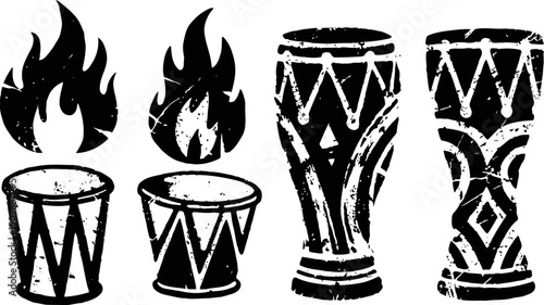 traditional drums with tribal patterns and stylized fire illustrations, ethnic musical instruments design