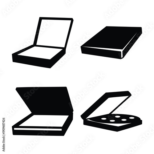 A collection of stylized pizza box silhouettes in various open and closed positions