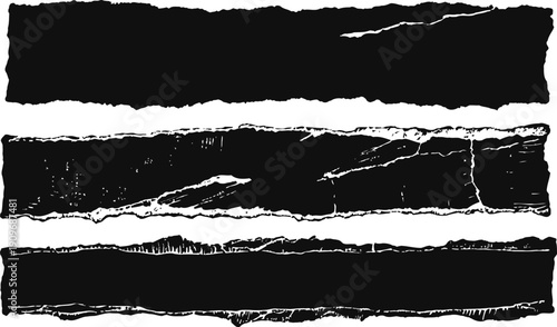 grunge black torn paper strips isolated on white background, vintage ripped edges texture set