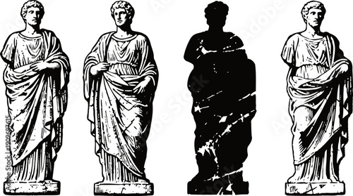 Roman male statue in toga, classical sculpture figure standing with folded arms, ancient art monument