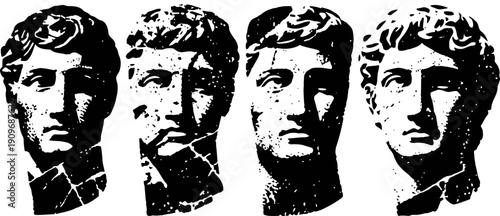 Set of four ancient roman busts in classical style, marble statues with realistic facial features and draped clothing