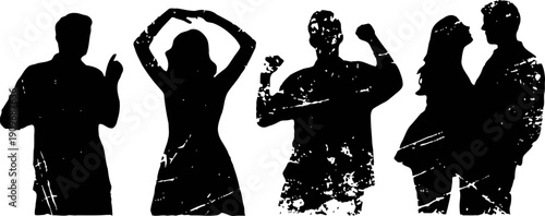 Silhouettes of diverse people celebrating, posing and interacting in joyful expressive gestures