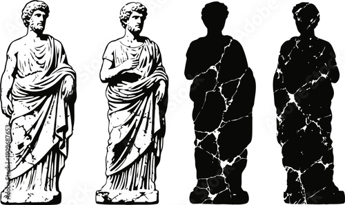 Classical roman statues  set two detailed sculptures with draped clothing and two black silhouettes