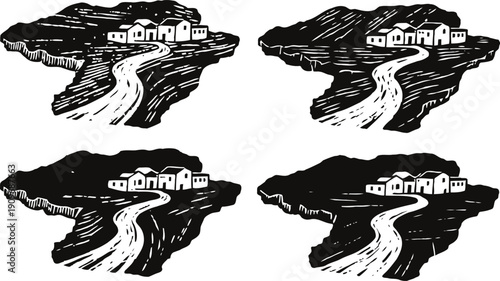 Rustic countryside landscape with winding road and cluster of houses in vintage woodcut