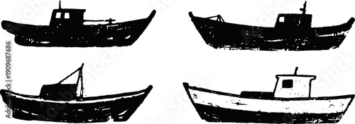 Four different black silhouette fishing boats with cabins and sails isolated on white background