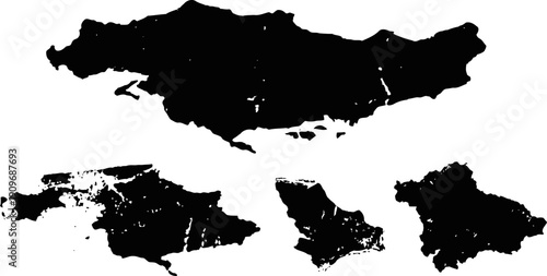 Silhouettes of four different landmass shapes with irregular coastlines and inland details
