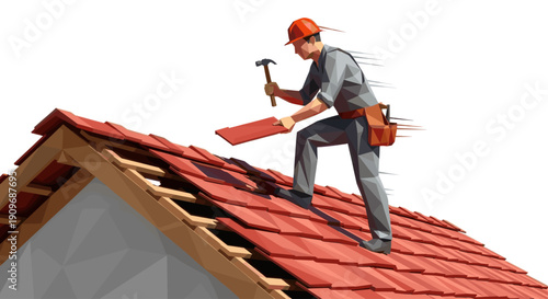 A low-poly illustration of a roofer repairing a red tile roof with a hammer. Ideal for construction, renovation, or real estate advertising. The polygonal style adds a modern aesthetic.