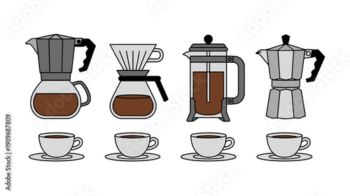 Coffee makers and cups on saucers with brown liquid isolated on white background