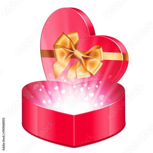 Glowing open heart shaped gift box adorned with a beautiful gold satin bow symbolizes romantic surprise opening to reveal bright magical light and tiny floating hearts