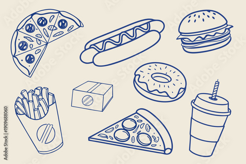 A minimalist line art illustration of popular fast food items set against a cream-colored background. The drawings use a uniform, dark blue stroke