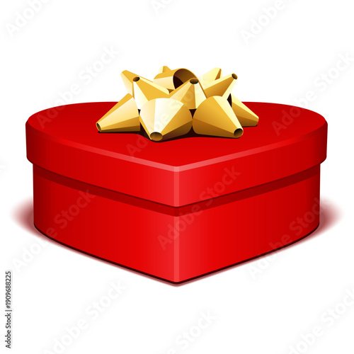 Red heart shaped gift box tied with a decorative golden bow isolated on a clean white background illustrating romance and celebration ready for presentation.