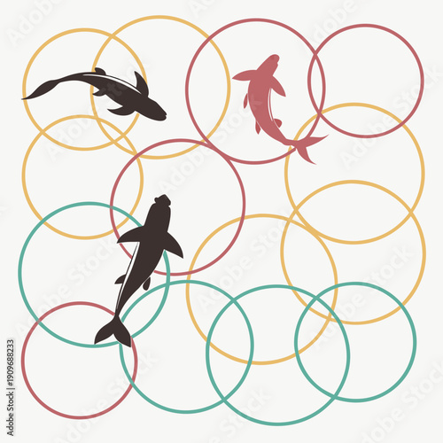 Dolphins swimming in colorful olympic rings with different colored outlines