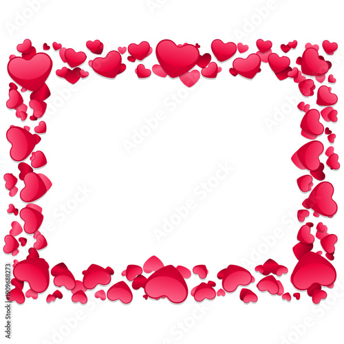 Elegant border design composed of numerous vibrant red glossy hearts framing a central blank copy space perfect for invitations or greeting cards