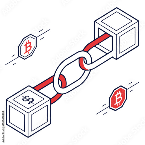 Illustration of interconnected cubes with a red chain passing through them