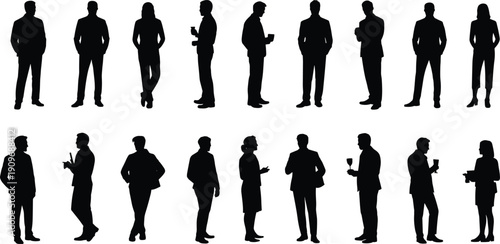 Silhouettes of people in business attire standing, conversing, holding drinks, and gesturing, professional social gathering vector illustration for design and communication