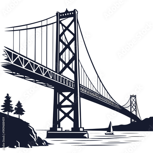 A detailed illustration of a suspension bridge spanning across a body of water.
