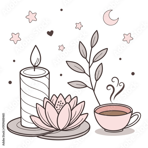 A serene illustration of a lit candle, a blooming lotus flower, and a potted plant on a plate
