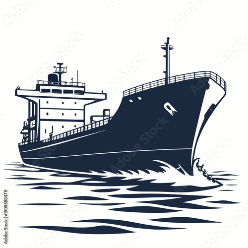 A large cargo ship sailing on calm waters with a detailed illustration