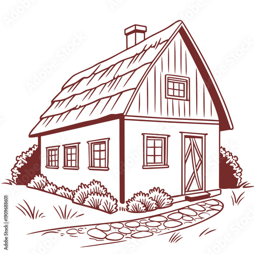 A charming, rustic house with a pitched roof and white picket fence in a serene countryside setting