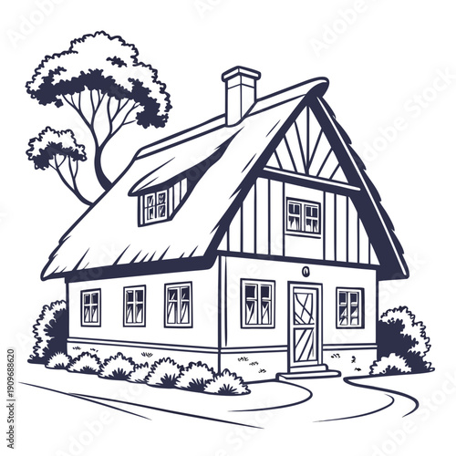 A charming timber-framed house with a steep roof and large windows