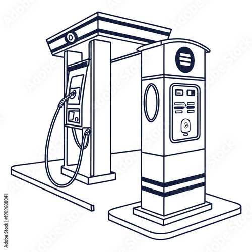 A detailed illustration of a gas station with a fuel pump and payment terminal