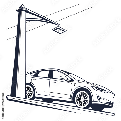 A modern car parked under a street light on a rainy night