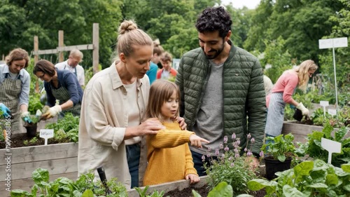 Family of three examining plants in a community garden outdoors