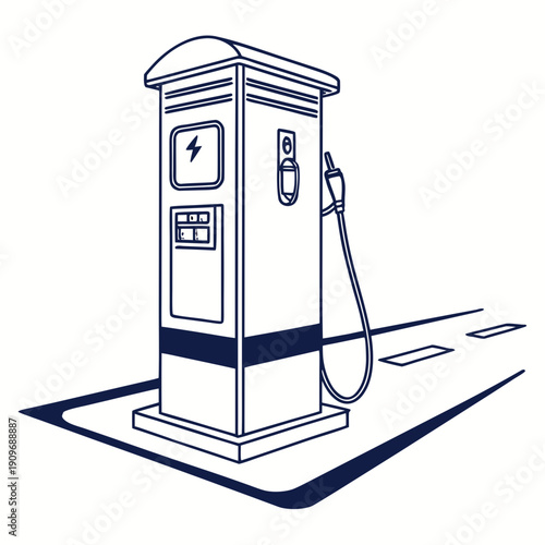 Modern electric car charging station with cable attached to the side.