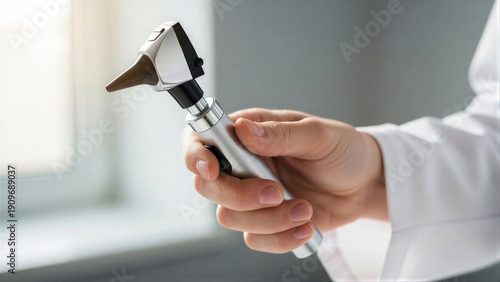 Doctor holding otoscope against blurred background