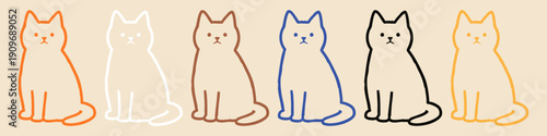 Minimalist line art illustration of colorful sitting cats in a row on a beige background. Cute flat design icons for feline lovers.