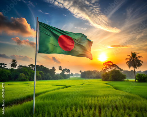 Bangladesh flag waving over green rice field at sunrise