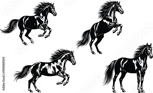 Stylized horse silhouettes in dynamic poses, equine vector illustration, wildlife art design, decorative nature motif, powerful animal concept