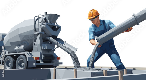 Low poly style illustration of a concrete truck pouring concrete with a construction worker holding the hose. Great for construction, building, or industry related illustrations.