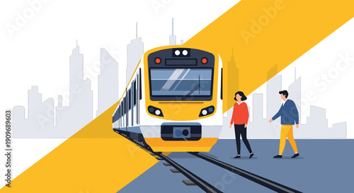 Vector illustration of a modern yellow commuter train arriving at an outdoor station platform with a city skyline in the background.