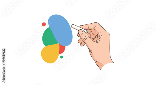 Illustration of a hand holding a piece of white chalk and drawing colorful abstract shapes, symbolizing creativity and art.