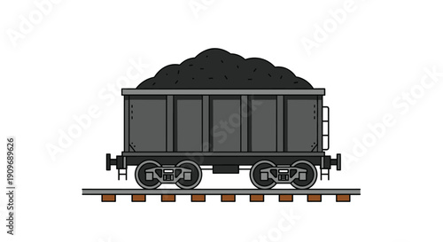 Side view illustration of a vintage gray railway coal car or wagon, filled with a heap of black coal, sitting on railroad tracks.
