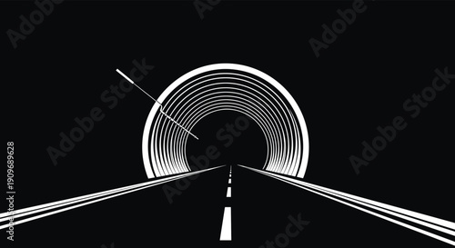 Black and white graphic representation of driving through an endless, abstract circular tunnel at night with road markings.