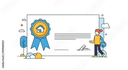 Line art illustration of a person standing next to a large property certificate with a house seal, symbolizing home ownership.