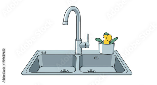 Clean vector illustration of a modern stainless steel double-bowl kitchen sink with a gooseneck faucet and a utensil holder.