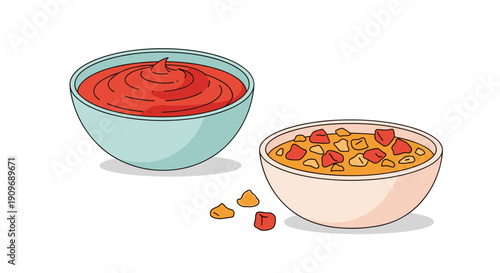 Illustration of two colorful bowls, one filled with smooth red tomato soup or ketchup and the other with chunky vegetable soup.
