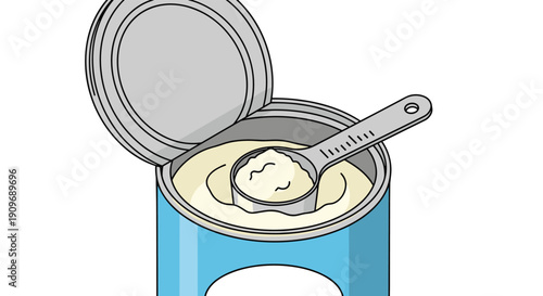 Close-up illustration of an open can of infant formula or milk powder with a measuring scoop resting on top of the powder.