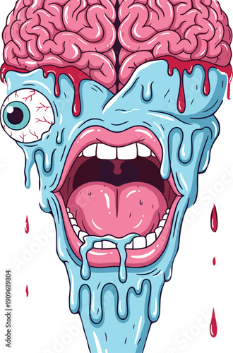 Surreal melting monster face with exposed pink brain and bulging eyeball dripping blue slime in a vibrant psychedelic horror illustration