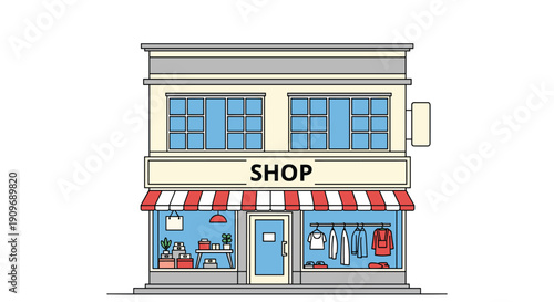 Front view line art illustration of a two-story retail shop building with a striped awning and window displays showing clothing.