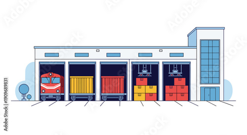 Illustration of a logistics and distribution center with a freight train and cargo containers being loaded and unloaded at warehouse docks.