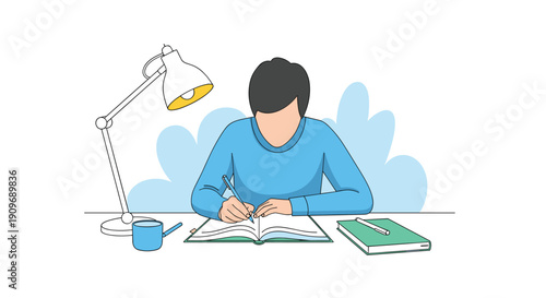 A focused person sitting at a desk and writing in a notebook under the warm light of a modern adjustable desk lamp.