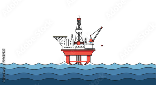 A simple line art illustration of a red offshore oil rig platform with a derrick, situated in the middle of blue ocean waves.
