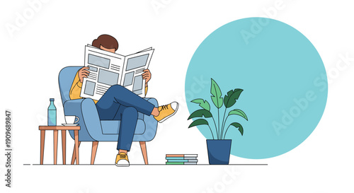 A relaxed woman sits in a comfortable armchair reading a newspaper, with a side table, plant, and books completing the cozy scene.