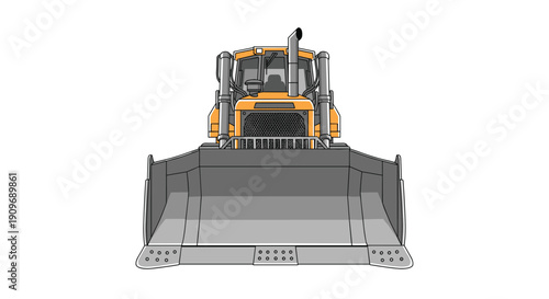 Front view line drawing of a powerful yellow bulldozer, a heavy piece of construction equipment used for pushing earth and debris.
