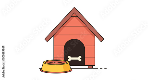 A simple and cute illustration of a red wooden dog house with a food bowl and a bone in front of the arched doorway.